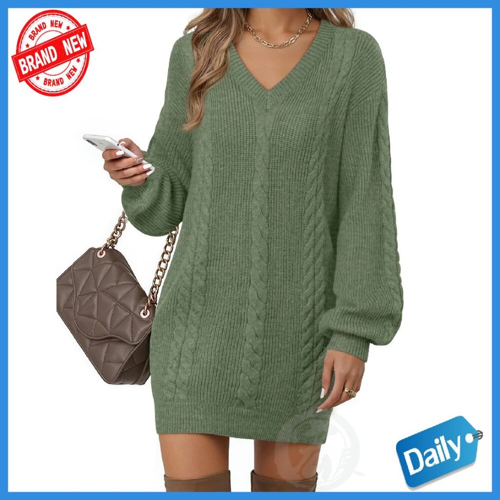 V-Neck Lantern Sleeve Knit Pullover Sweater Dress - Soft Wool Blend